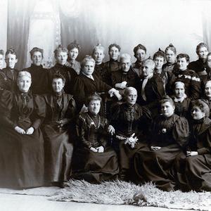 Susan B. Anthony (seated in a chair, front row, third from right) and Anna Howard Shaw (standing, with left arm on Anthony's chair) joined women of the Utah Woman Suffrage Association for a regional convention of the National American Woman Suffrage Association in Salt Lake City in May 1895. Emmeline B. Wells, wearing a white scarf, is standing behind Anthony's left shoulder. Wells and Anthony maintained a lifelong friendship. (PH 2296, Church History Library, Salt Lake City.)